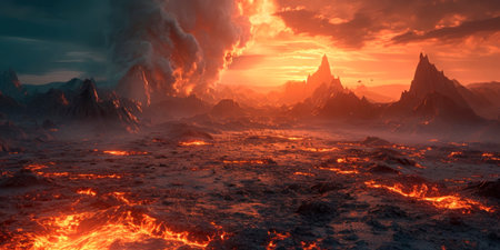 hellscape where fire is visible, beautiful and eerie landscapes.の素材