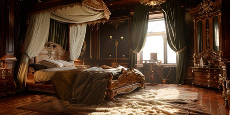 bedrooms with decorative details, a four-poster bed and rich dark wood furniture.の素材