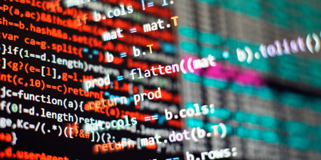 Running computer data programming. Coding script text on screen. Notebook closeup photo.の写真素材