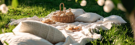 An outdoor picnic with a white-themed setup, complete with a blanket, cushions, and a basket of delicious treats. Generative AIの素材