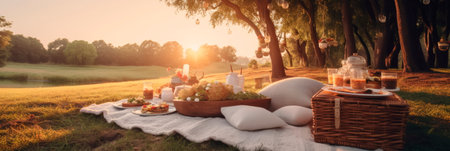 An outdoor picnic with a white-themed setup, complete with a blanket, cushions, and a basket of delicious treats. Generative AIの素材