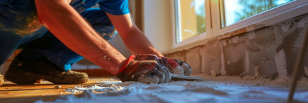 workers hands caulking and sealing gaps, emphasizing the importance of waterproofing during apartment renovation.Generative AIの素材