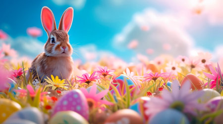 A bright and festive Happy Easter background with a vibrant array of decorated Easter eggs, Generative AIの素材