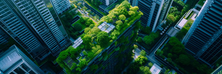 cityscape with green rooftops and urban gardens, illustrating sustainable architecture and environmentally friendly urban planning.Generative AI