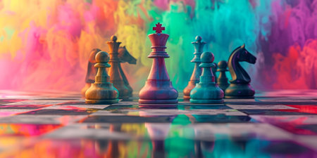 watercolor background with chessboard with surreal figures, survival game. Generative AI.の素材