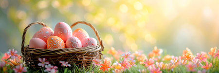 Happy Easter and an adorable Easter basket filled with pastel colored eggs, set against a cheerful and cozy backdrop. Generative AIの素材
