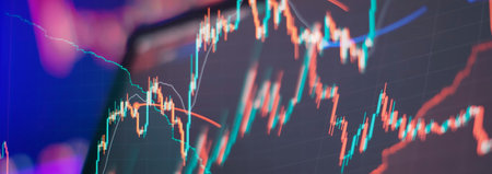 green candlesticks going up indicating crypto rising in value. Graphical representation of volumes...