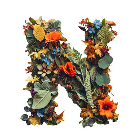 Leaf font isolated on a white background with various leaves and bright flowers.の素材