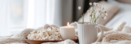 A cozy movie night at home with a selection of classic romantic films and white appetizers. Generative AIの素材