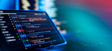Running computer data programming. Coding script text on screen. Notebook closeup