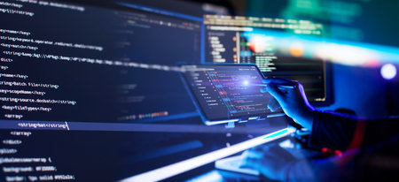 Programming code abstract screen of software developer. Working atmosphere of a programmer at home