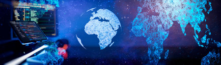 Running computer data programming. Coding script text on screen. Notebook closeupの写真素材