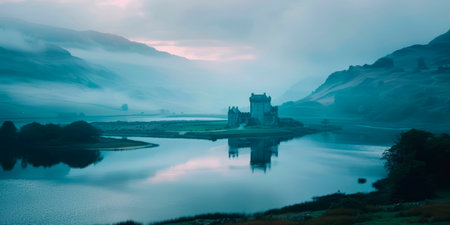 mystical castle nestled amidst rolling hills and shimmering lakes, soft washes of enchanted watercolors. Generative AIの素材