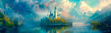 mystical castle nestled amidst rolling hills and shimmering lakes, soft washes of enchanted watercolors. Generative AIの素材