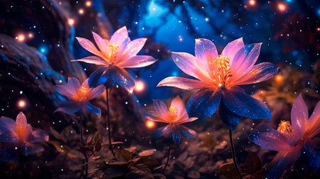 Sky garden of stars floral background celestial elements such as star-shaped flowers, celestial motifs and twinkling lights, creating a dreamy celestial atmosphere. Generative AIの素材