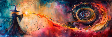 magic spell cast by a wizard, with swirling colors and mystical symbols drawn in watercolor. Generative AIの素材