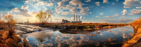 concept of environmental degradation with powerful imagery of polluted rivers and streams flowing past industrial complexes. Generative AIの素材