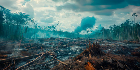 destruction of pristine forests to make way for industrial development, emphasizing the irreversible loss of biodiversity. Generative AIの素材