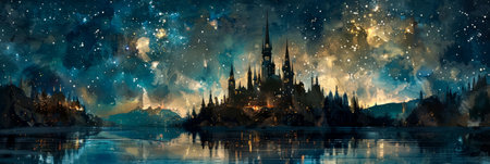 mystical castle nestled amidst rolling hills and shimmering lakes, soft washes of enchanted watercolors. Generative AIの素材