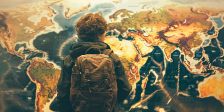 Dynamic image of a traveler exploring a world map filled with different objects, awakening wanderlust. Generative AIの素材