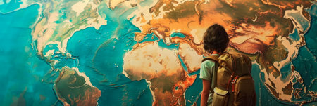 Dynamic image of a traveler exploring a world map filled with different objects, awakening wanderlust. Generative AIの素材