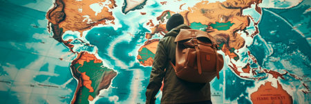 Dynamic image of a traveler exploring a world map filled with different objects, awakening wanderlust. Generative AIの素材