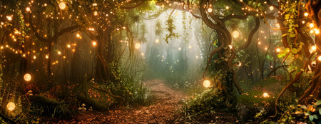 Enchanted Forest Fantasy, a whimsical backdrop reminiscent of an enchanted forest, with lush foliage, cascading vines and fairy lights. Generative AIの素材