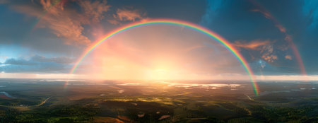 A stretching rainbow across a cloudy sky after a spring shower, representing hope and renewal following a period of rain. Generative AIの素材