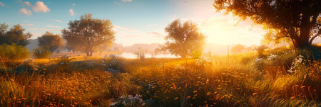 immerse yourself in the golden hues of a sunset over a tranquil meadow. Generative AIの素材