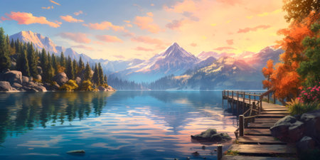 serene lakeside scene, captured in vibrant colors and thick layers of oil paint. Generative AIの素材