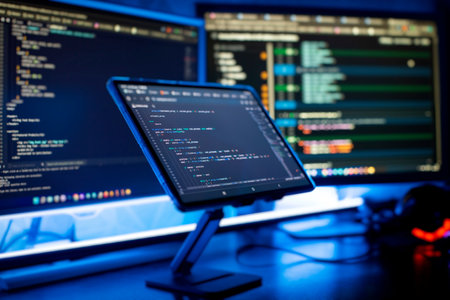 Work from home. Programmer coding code on notebook screen atの写真素材