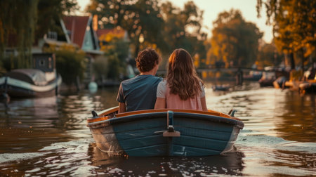 Romantic couple enjoying a leisurely boat ride along a tranquil river.の素材