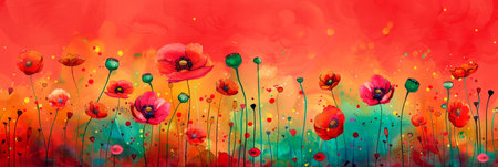 Playful watercolor of whimsical poppies against a vibrant red background, adding a bold and cheerfulの素材