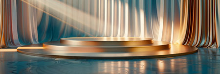 podium stage with golden line design elements and a wave-like backdropの素材