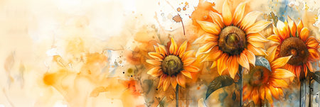 Stunning watercolor of sunflowers against a soft pastel background, evoking warmth and cheerfulnessの素材