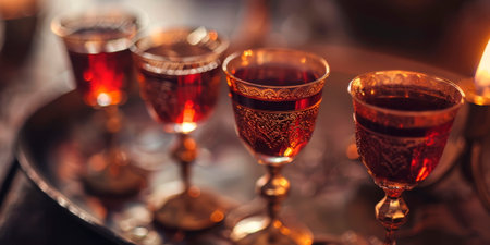 four cups of wine traditionally consumed during the Passover Seder.の素材