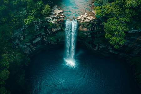 Top-down view of a cascading waterfall in a pristine wilderness area, Earth Day formed by the mist rising from the falls, promoting water conservation.の素材