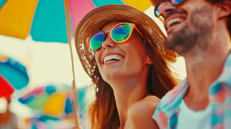 Excited couple attending a festive summer carnival or street festival during their vacation, soaking up the lively atmosphere and cultural festivitiesの素材