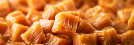 pile of caramel candies, showing their chewy texture and rich caramel flavor in vibrant detail.の素材