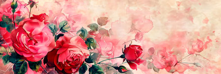 Exquisite watercolor background adorned with vibrant roses in full bloom, perfect for romanticの素材