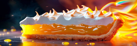 slice of lemon meringue pie, showcasing its tangy filling and fluffy meringue topping in macro detail.の素材