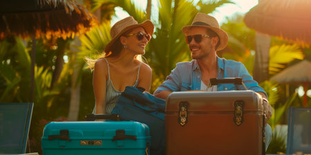 Happy couple packing their bags and suitcases for a summer vacation, ready for adventure and relaxation.の素材