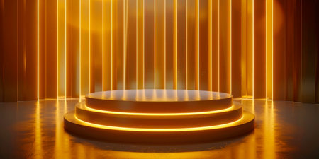 A chic runway backdrop with gold line accents and a lit stage platform in a contemporary setting.の素材