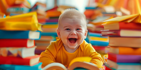Cheerful baby gleefully surrounded by a pile of colorful books, exuding joy and curiosity in the world of reading.の素材