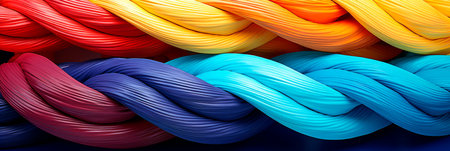 Abstract illustration of intertwined ropes in different colors, representing the integration of diverse strengths and backgrounds in a unified team.の素材