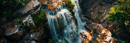 Top-down view of a cascading waterfall in a pristine wilderness area, Earth Day formed by the mist rising from the falls, promoting water conservation.の素材