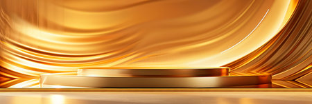 podium stage with golden line patterns and a wave-like backdropの素材