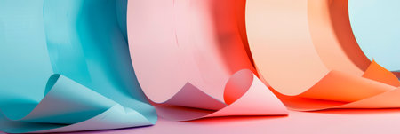 Minimalist composition featuring pastel-colored paper textures with abstract geometric shapes and lines in a harmonious blend of blue, peach, and orange.の素材