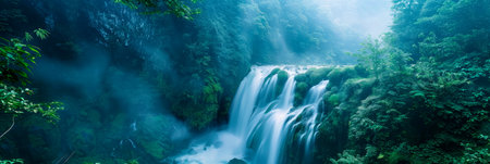 Top-down view of a cascading waterfall in a pristine wilderness area, Earth Day formed by the mist rising from the falls, promoting water conservation.の素材