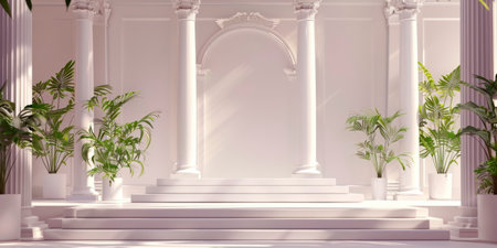 white podium stage with Egyptian-inspired column stands, offering a sophisticated backdrop for showcasing high-endの素材
